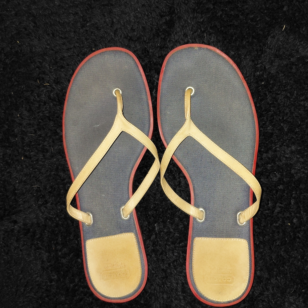 Coach Navy Footbed Flip Flops with Tan Straps and Red Edge